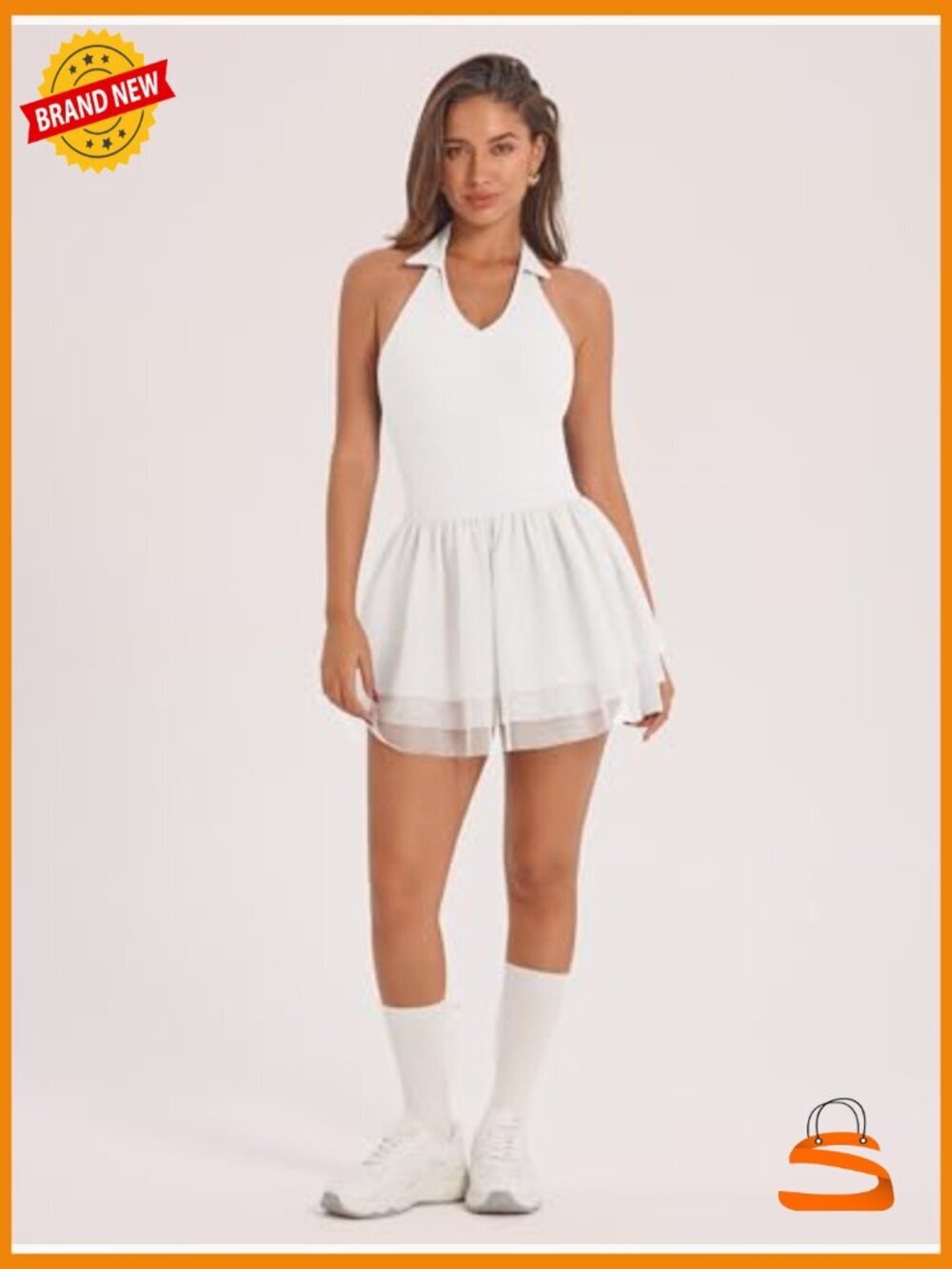 V Neck Halter Backless Tiered Tulle Dress with Built-in Shorts - Picture 5 of 6